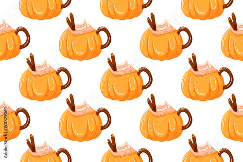 Cup of hot cocoa or coffee with whipped cream and cinnamon in cartoon. Seamless pattern of beverage for bakery, cafe, kitchen wallpaper and background.