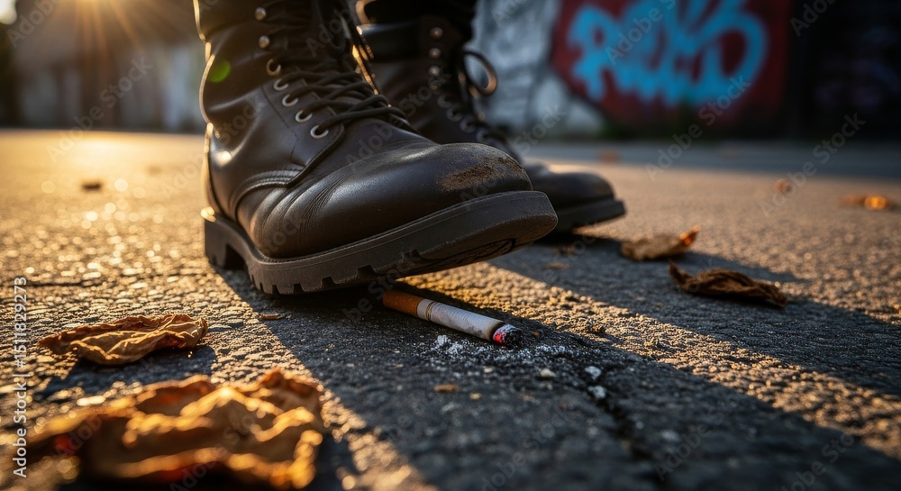 A boot poised to crush a cigarette butt for World No-Tobacco Day A boot poised to crush a cigarette butt for World No-Tobacco Day