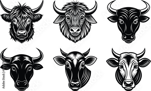 black Set of vector black silhouettes of bull icon isolated a white background, 
