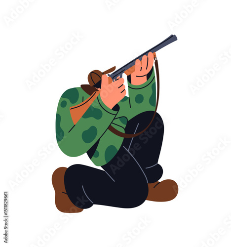 Hunter sits, aiming with rifle while chase. Shooter in camouflage hunting in forest. Person is firing into prey with shotgun. Huntsman with gun. Flat isolated vector illustration on white background