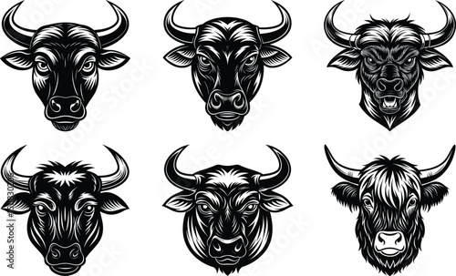black Set of vector black silhouettes of bull icon isolated a white background, 
