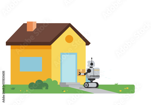 A cheerful robot delivers a package to a sunny, stylized house. Bright colors and a simple design create a welcoming scene. Perfect for digital marketing and lifestyle visuals.