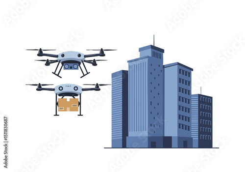 Drones deliver packages to a high-rise building. Modern illustration showcasing drone delivery technology and urban logistics. Clean, vector style.