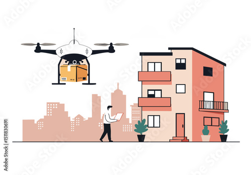 Drone delivers a package to an apartment building. A man uses a laptop, showcasing modern delivery and urban living. Clean, bright illustration.