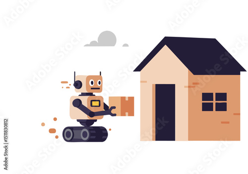 A friendly robot delivers a package to a quaint rural house. Modern, flat design illustration. Perfect for delivery services and rural themes.