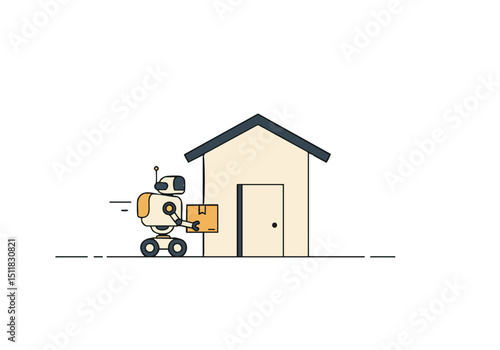 A friendly robot delivers a package to a rural house. Modern, flat design illustration. Perfect for technology, delivery, and rural themes.
