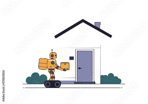 A friendly robot delivers a package to a suburban home. Clean, modern illustration with a pastel color palette. Perfect for tech, delivery, and lifestyle concepts.