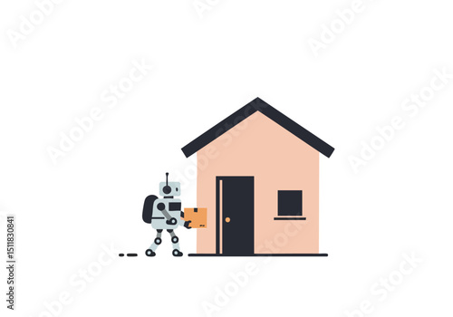 A friendly robot delivers a package to a rural house. Simple, modern illustration. Perfect for rural delivery concepts.