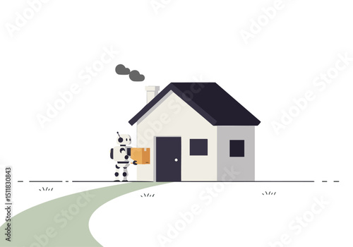 A friendly robot delivers a package to a rural house. Clean, modern illustration. Perfect for rural delivery concepts.