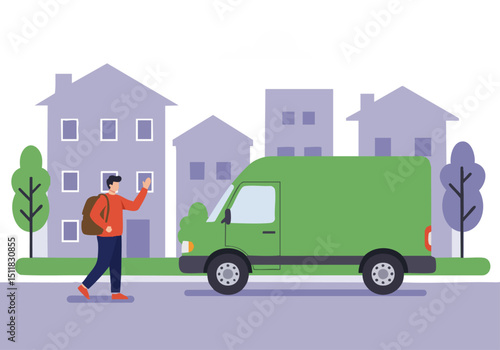 A green delivery truck arrives at a suburban house. A young man waits, holding a backpack. Illustrative, modern style.