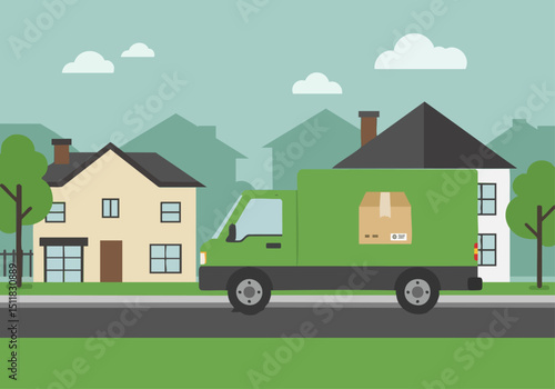 A green delivery truck drives down a suburban street lined with houses. A peaceful, modern scene with a bright, inviting backdrop. Perfect for lifestyle and business visuals.
