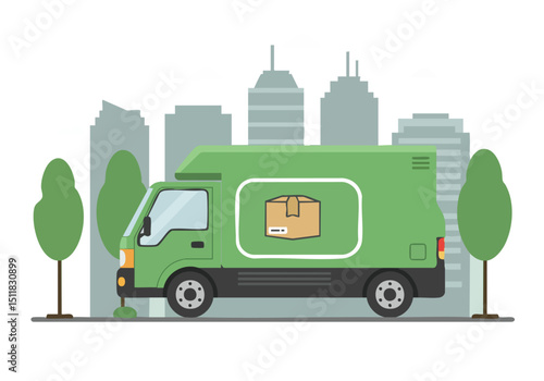 A green delivery truck navigates city traffic, transporting a cardboard box. Modern, flat design illustration with a cityscape backdrop. Suitable for commercial use.