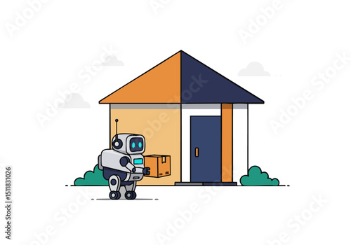 A modern robot delivers a package to a house. Clean lines, bright colors, and a minimalist style create a visually appealing illustration. Perfect for tech, delivery, or home concepts.