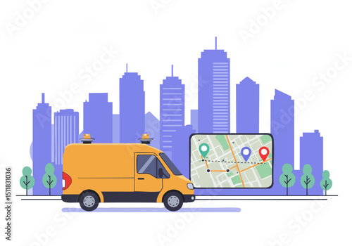 An orange delivery van navigates a city map displayed on a tablet. Modern cityscape backdrop. Ideal for urban travel, logistics, and technology visuals.