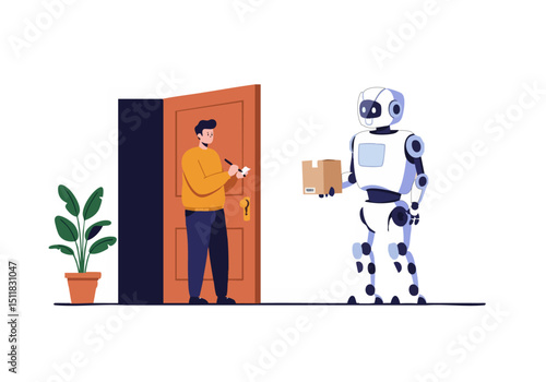 A robot delivers a package to a man at his door. Modern illustration, clean design, friendly interaction. Perfect for tech, delivery, and future concepts.