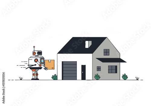 A modern robot delivers a package to a stylish house. Clean lines, minimalist design, and a contemporary aesthetic. Perfect for tech, home, and future concepts.