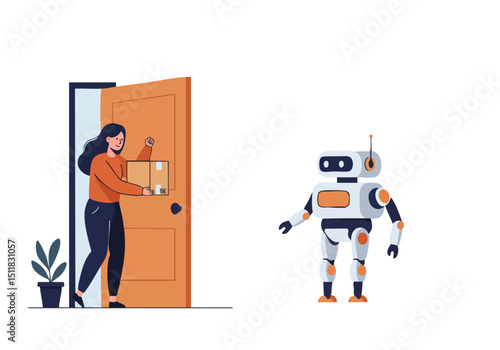 A robot delivers a package to a woman at her door. Modern illustration, showcasing successful delivery. Clean, bright, and friendly.