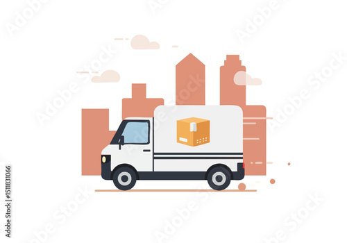 A white delivery truck swiftly moves through a stylized urban cityscape, transporting a cardboard box. Modern, flat design illustration conveying efficient urban logistics.