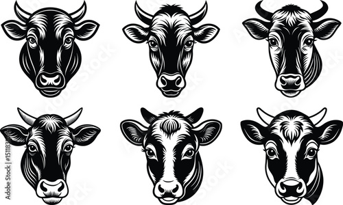 black Set of vector black silhouettes of bull icon isolated a white background, 
