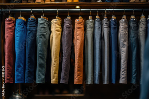 Rack of men's pants in clothing store, neatly arranged by size and color, ready for customers to browse and purchase.