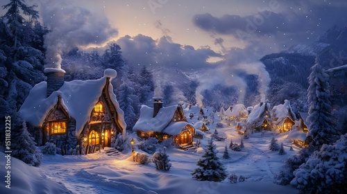 Wallpaper Mural A snowy village with warm glowing windows and smoke from chimneys Torontodigital.ca