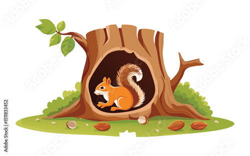 Cute Squirrel Inside Woodland Tree Stump