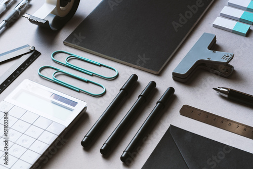 Black and white back to school, office supply  flat lay