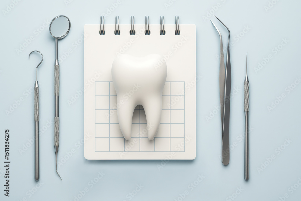 Tooth model with dental tools on blue background. Concept of oral care, hygiene routine, and professional checkup. Tooth model with dental tools on blue background. Concept of oral care, hygiene routine, and professional checkup.