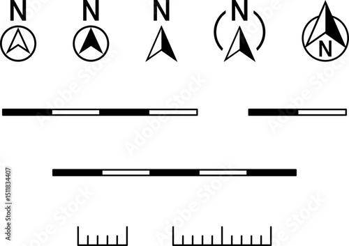 Basic Black Round North Mark Arrow Sign Symbol in Circle and Scale Icon and Linear or Bar Scale Cartography Set for Map or Site Plan Orientation. Vector Image.