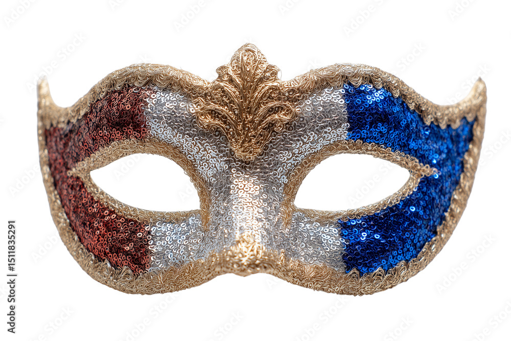 A set of decorative French celebration masks with gems and glitter in flag colors, isolated on a transparent background (6) A set of decorative French celebration masks with gems and glitter in flag colors, isolated on a transparent background (6)