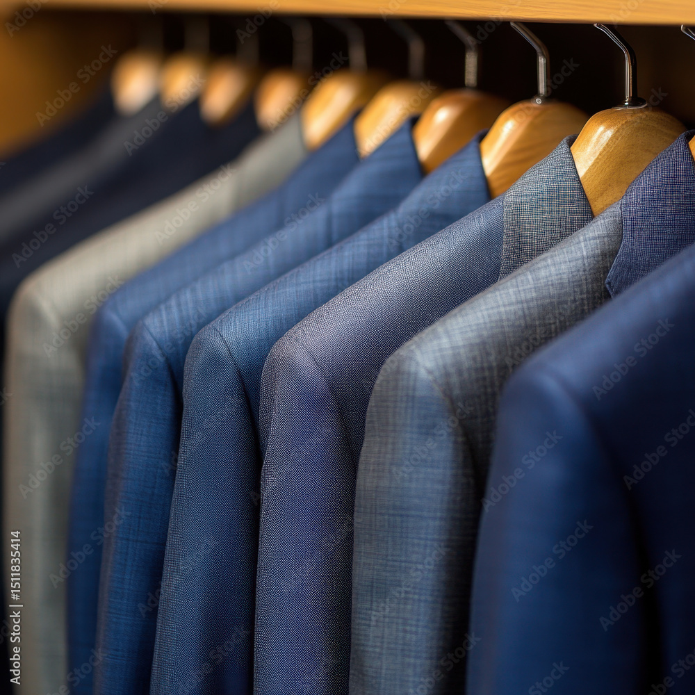 Obraz premium Rack with suits hanging, various colors and patterns, neatly arranged in a clothing store, reflecting professional attire.