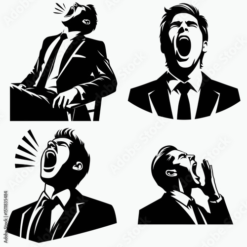 Businessman yawning widely. Business Finance Corporate Office Success Entrepreneur Clipart Line Art Vector Illustration. executive gesturing fatigue mouth agape in a broad gape feeling.