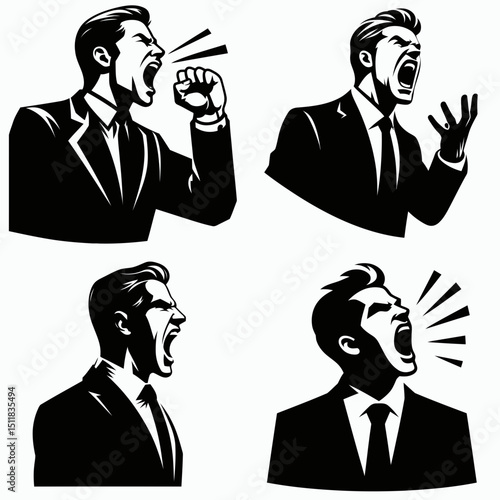 Businessman yelling angrily. Business Finance Corporate Office Success Entrepreneur Clipart Line Art Vector Illustration. Executive shouting in vexation a depiction of work frustration.
