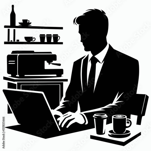 Businessman working coffee shop. Business Finance Corporate Office Success Entrepreneur Clipart Line Art Vector Illustration. Executive at cafe professional individual enjoys java while.