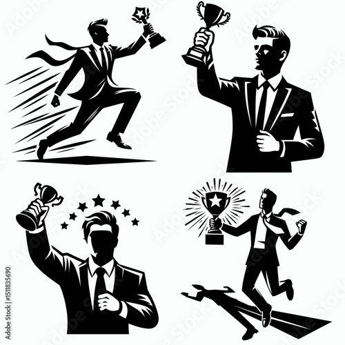 Businessman winning award. Business Finance Corporate Office Success Entrepreneur Clipart Line Art Vector Illustration. achieving honor magnate obtaining recognition for labor.