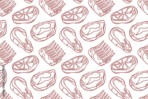 Seamless pattern with line art style raw meat cut, steak, ribs and lamb white background. Perfect for delivery packaging, kitchen wallpaper or butcher shop design.