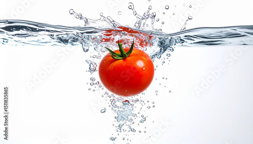 Fresh Red Tomato Splashing into Clear Water with Air Bubbles in High Resolution