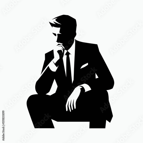 Businessman sitting thinking. Business Finance Corporate Office Success Entrepreneur Clipart Line Art Vector Illustration. Executive pondering at work male contemplating strategy concept.