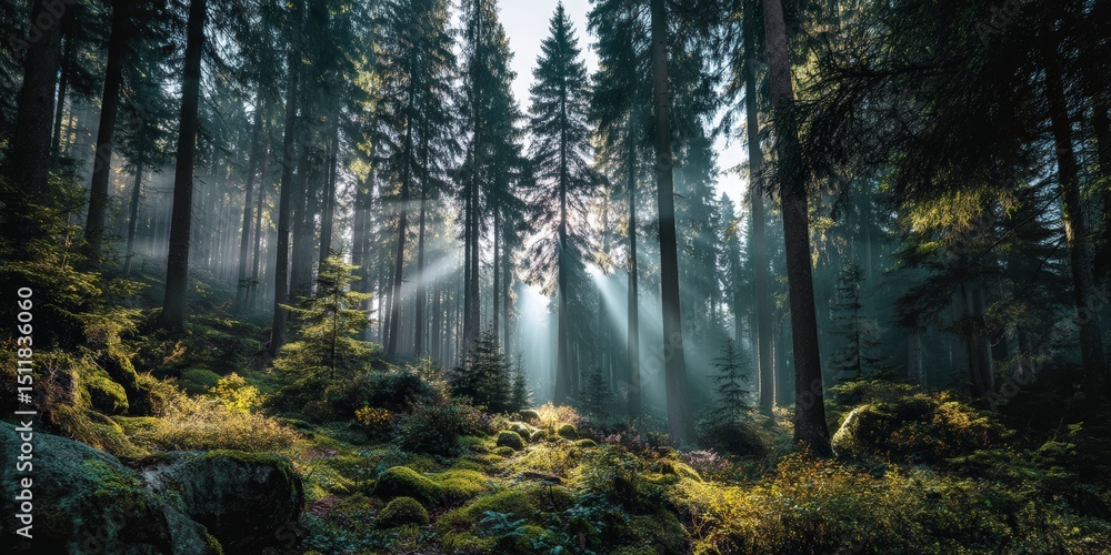 Fototapeta premium Dreamy Woodland Scene with Fog