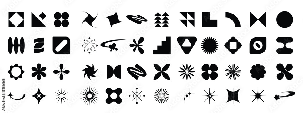 Naklejka premium Black geometric abstract shapes collection. Set of shapes element. Flower, star, square shapes. vector