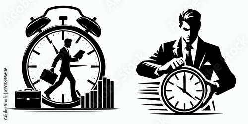 Businessman managing time. Business Finance Corporate Office Success Entrepreneur Clipart Line Art Vector Illustration. Executive optimizing allocation planning and control of work.