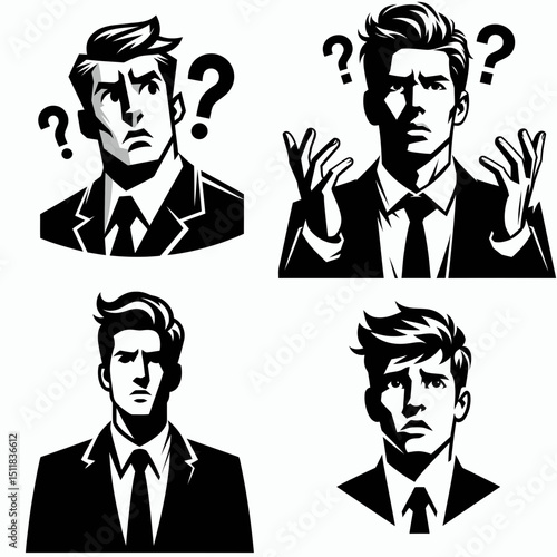 Businessman looking confused. Business Finance Corporate Office Success Entrepreneur Clipart Line Art Vector Illustration. executive in bewilderment concept of professional uncertainty.