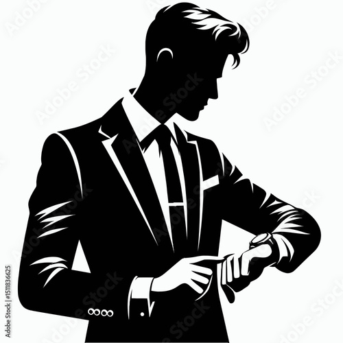 Businessman looking at watch. Business Finance Corporate Office Success Entrepreneur Clipart Line Art Vector Illustration. Executive checking timepiece professional person observing.