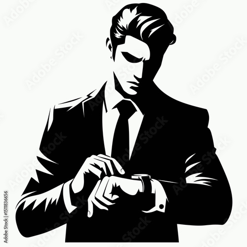 Businessman looking at watch. Business Finance Corporate Office Success Entrepreneur Clipart Line Art Vector Illustration. Executive viewing timepiece checking hour. professional man sees.