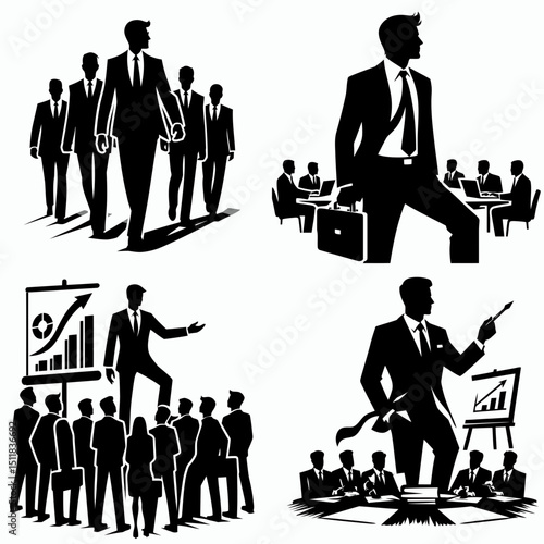 Businessman leading workshop. Business Finance Corporate Office Success Entrepreneur Clipart Line Art Vector Illustration. executive guiding seminar development initiative.
