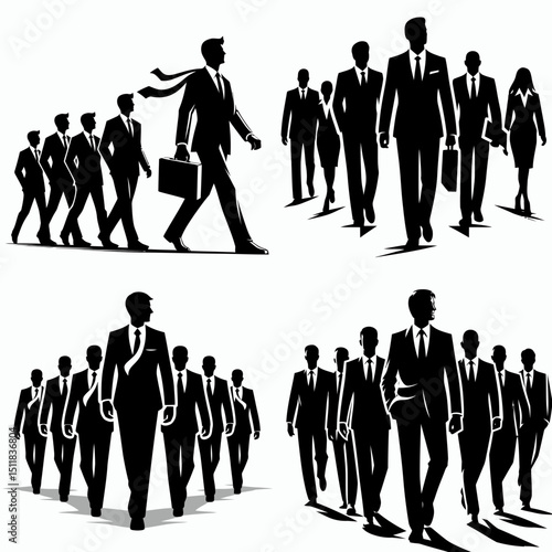 Businessman leading delegation. Business Finance Corporate Office Success Entrepreneur Clipart Line Art Vector Illustration. directing group envoys representing commerce for progress.