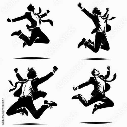 Businessman jumping with joy. Business Finance Corporate Office Success Entrepreneur Clipart Line Art Vector Illustration. Male executive glee ascent achievement celebration occupational.