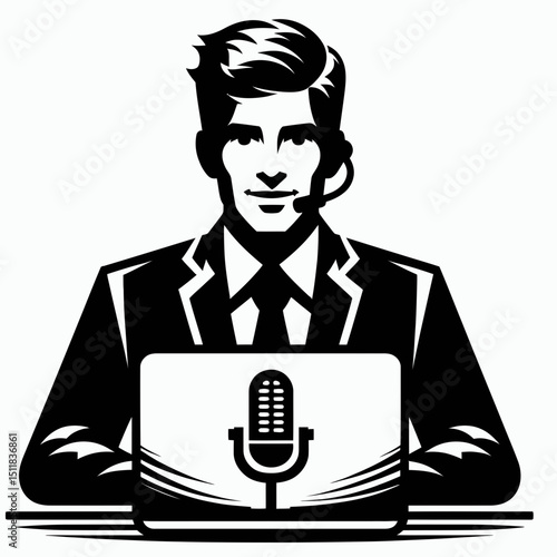 Businessman hosting webinar. Business Finance Corporate Office Success Entrepreneur Clipart Line Art Vector Illustration. executive leading online seminar expert sharing modern commerce.