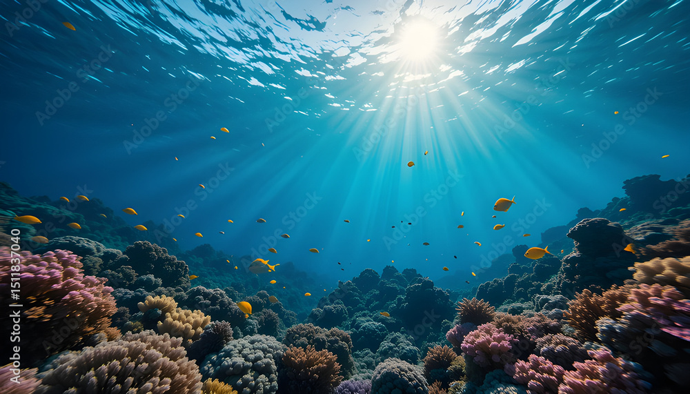 Fototapeta premium Vibrant coral reefs underwater scene celebrating world reef awareness day. Horizontal banner. Copy space. 