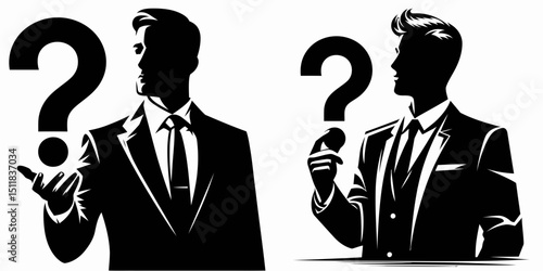 Businessman holding question mark. Business Finance Corporate Office Success Entrepreneur Clipart Line Art Vector Illustration. Ceo showing uncertainty query or problem solving clue.